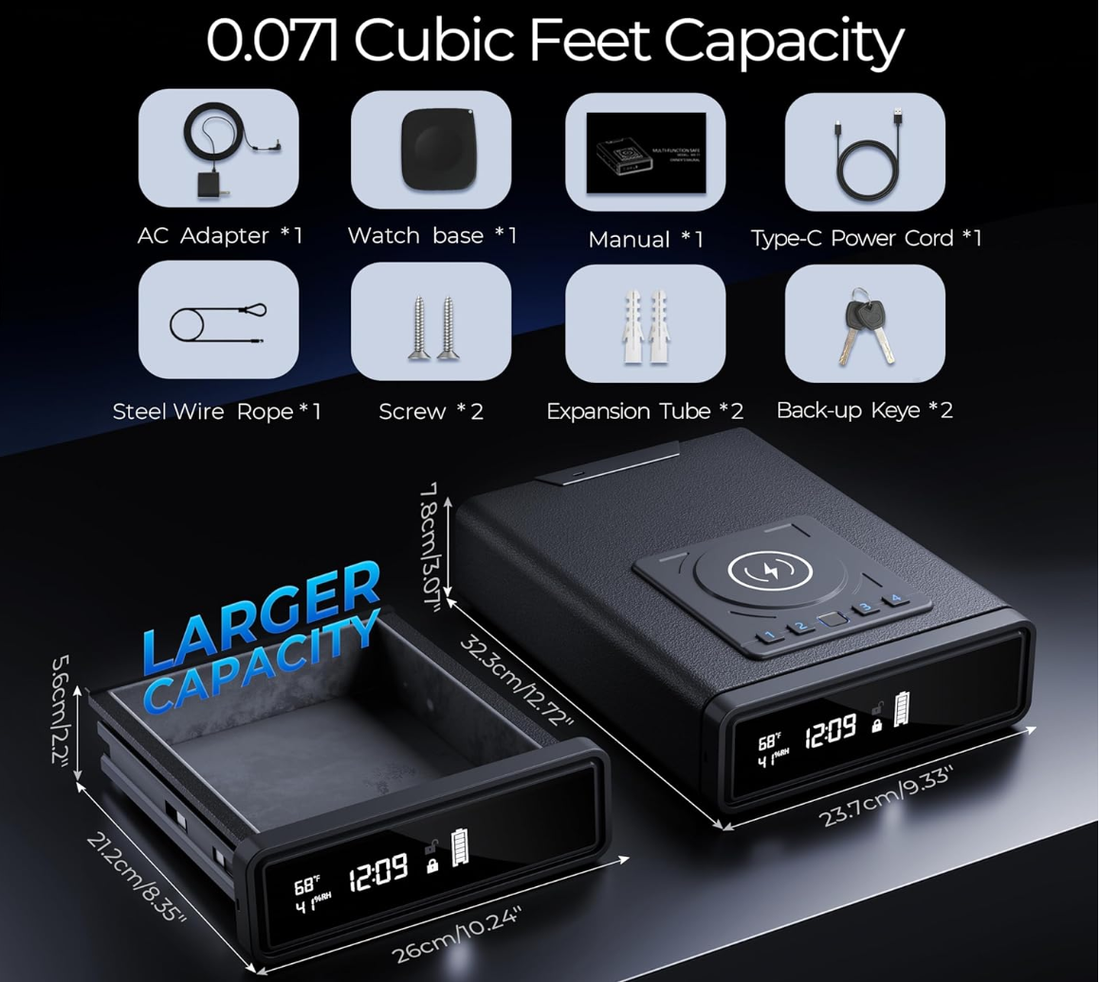 Smart Biometric Gun Safe with Wireless Charging (Phone/Watch)