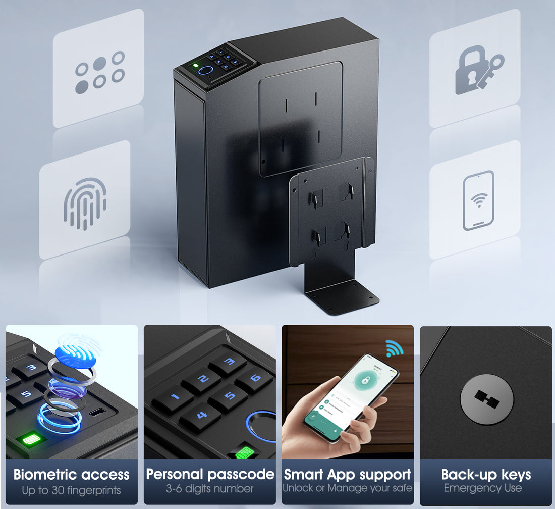 Gun safe, Biometric Slider safe for handgun, 4 Ways Unlock with Fingerprint, Key Access, PIN Code, Mounted Nightstand Pistol Safe and Gun Lock Box for Car, Truck, Desk, Bedside, Wall
