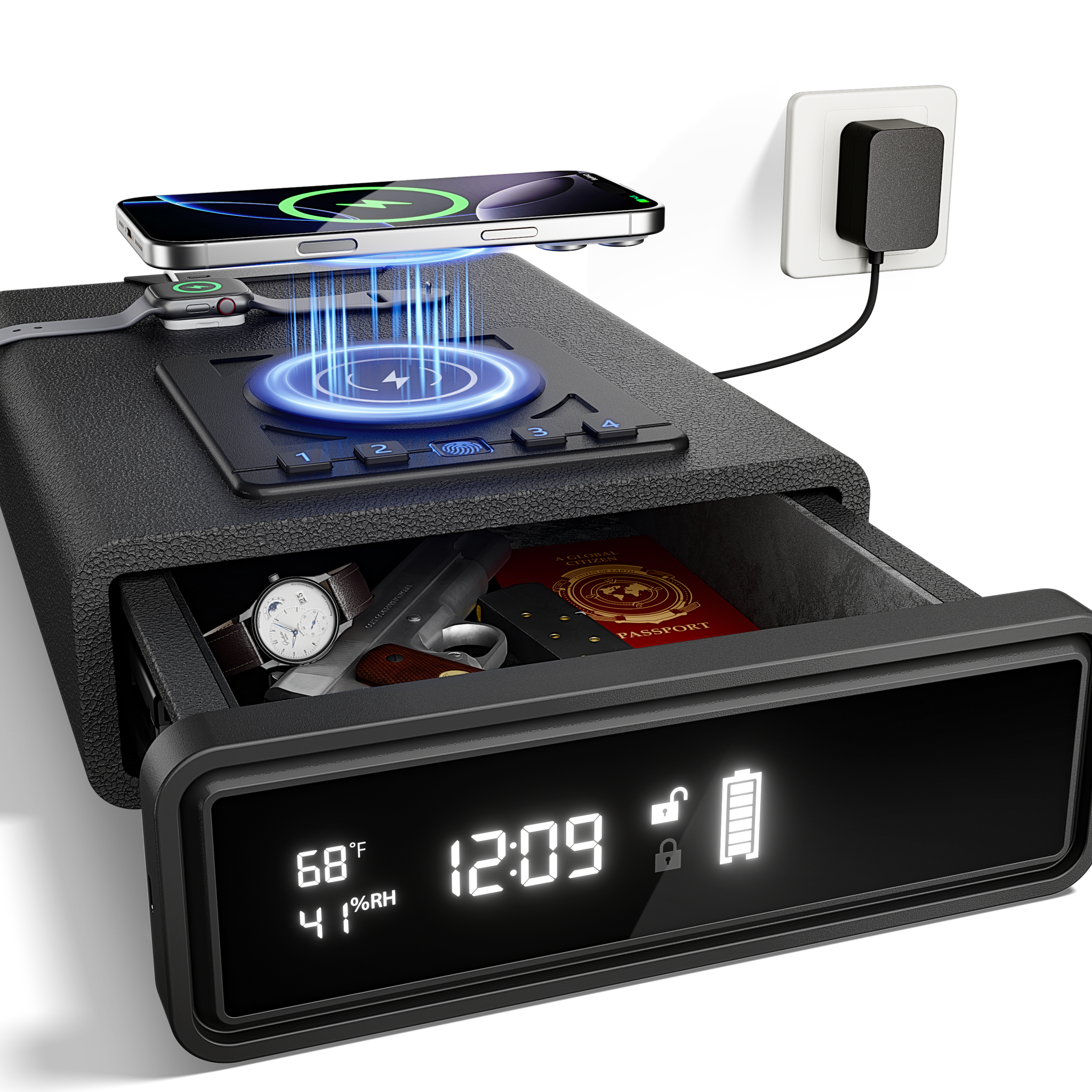 Smart Biometric Safe with Wireless Charging for Phone & Watch, 3 Access Methods to Unlock, Nightstand Drawer Safe LED Display with Humidity & Temperature Monitoring, Stopbox for Cash and Valuables